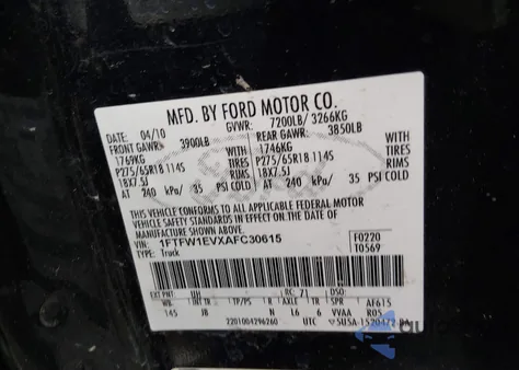 2010 Ford F-150 Fx4/Harley-Davidson/King Ranch/Lariat/Platinum/Xl/Xlt z USA, uszkodzony, nr VIN 1FTFW1EVXAFC30615